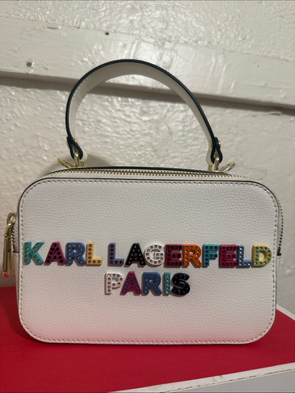 Karl Lagerfeld White Mini Top-Handle Crossbody with Multicolor Logo Studs
